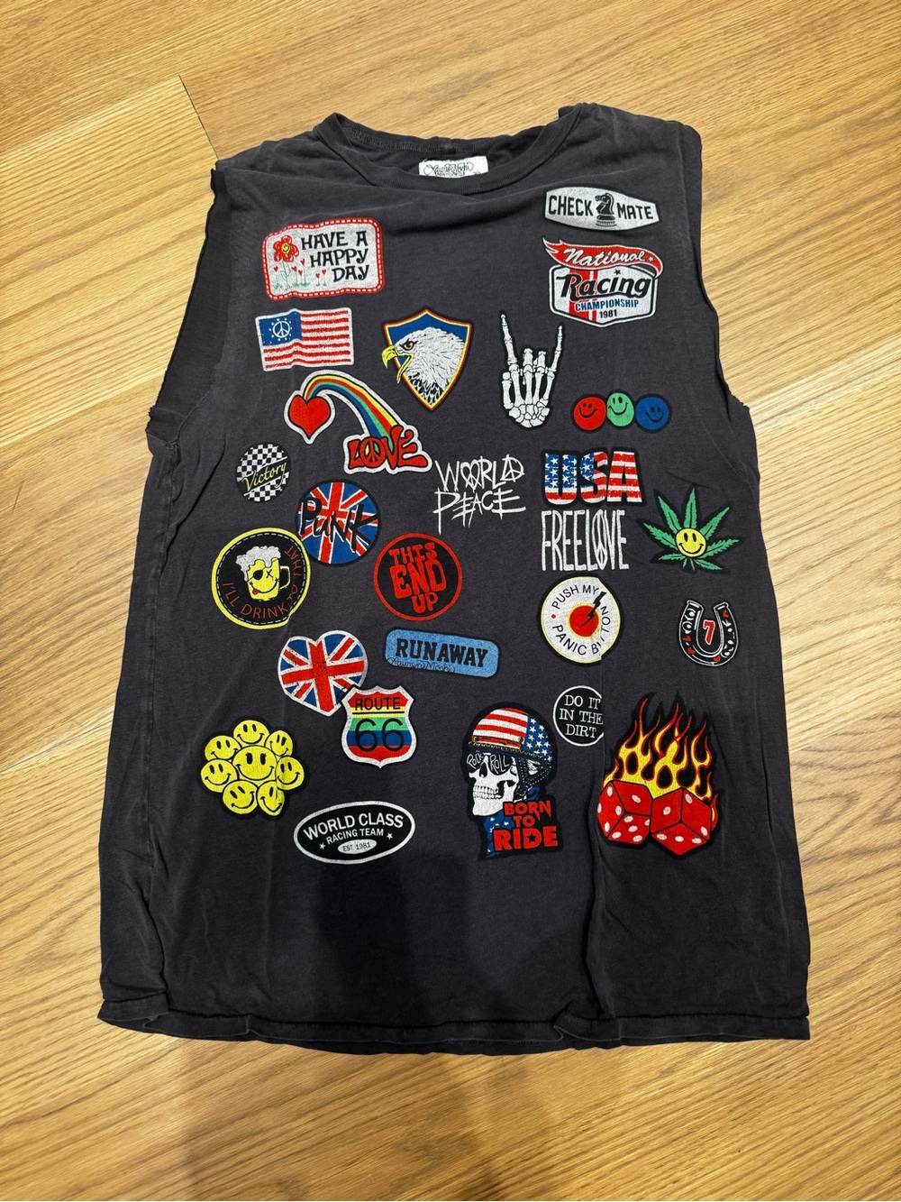 Lauren Moshi Black Graphic Patch Muscle Tee - Multi Patch Colors